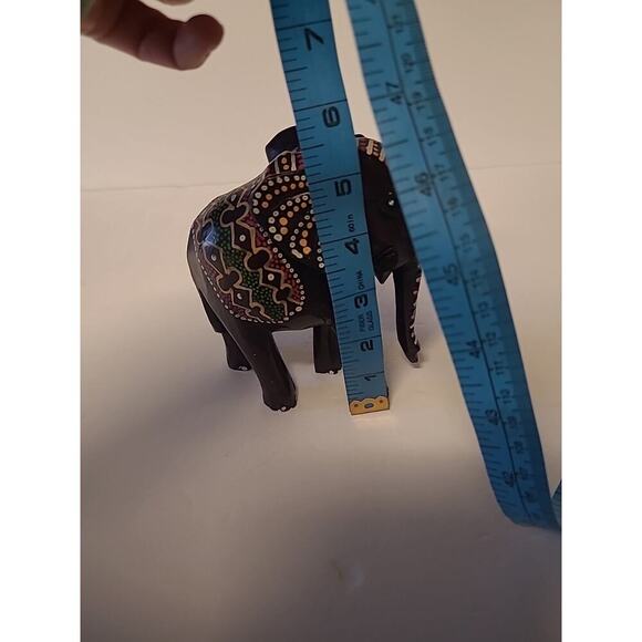 Wooden Indian Painted Elephant Figurine Dark Brown Green Pink Yellow Trunk Down - Picture 7 of 8